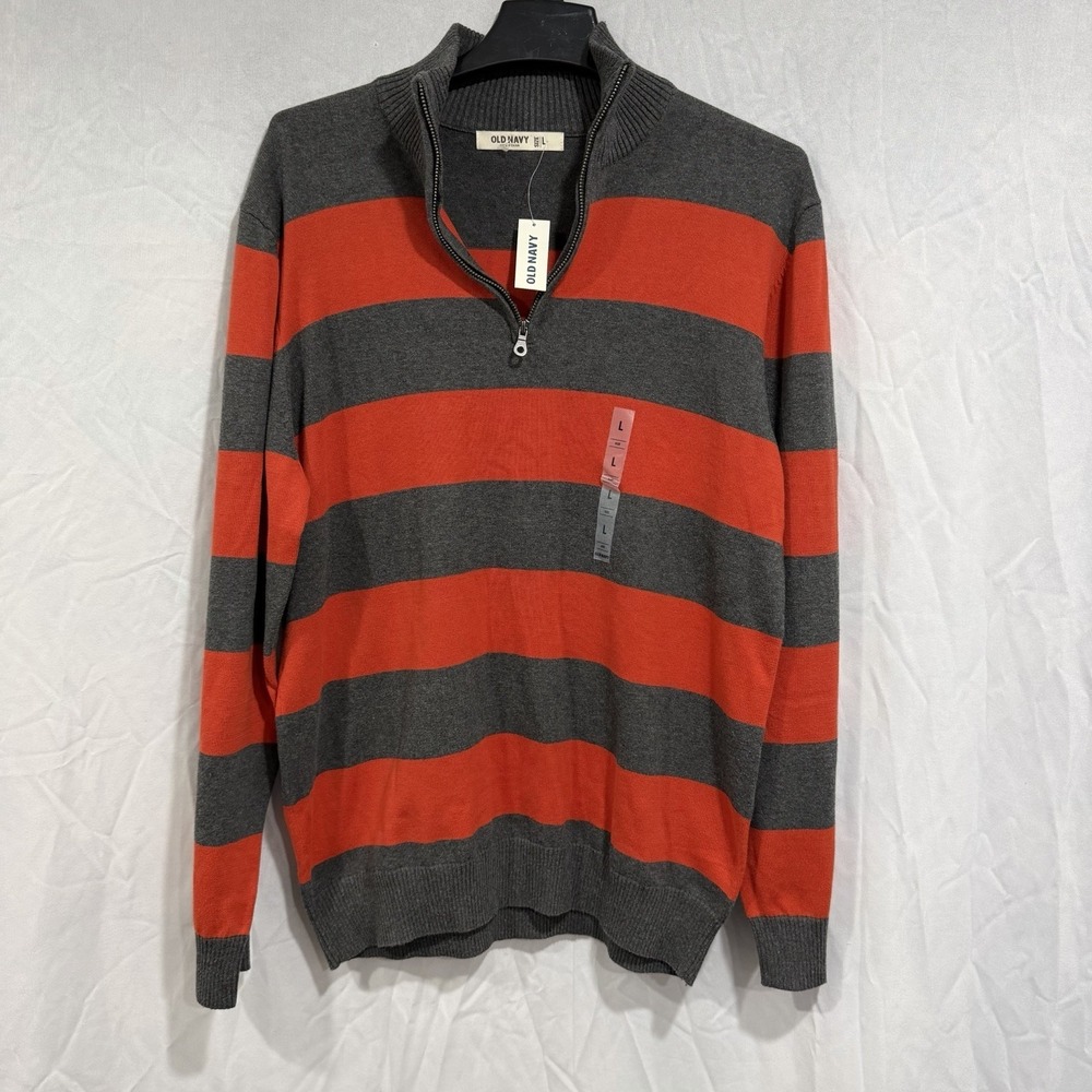 Old Navy Men's Gray Orange Quarter Zip Mock Neck Stripe Sweater Tight Knit Large